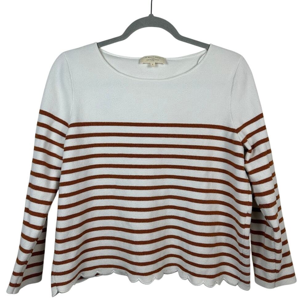 White and Brown Striped Women's Sweater - Scalloped Hem